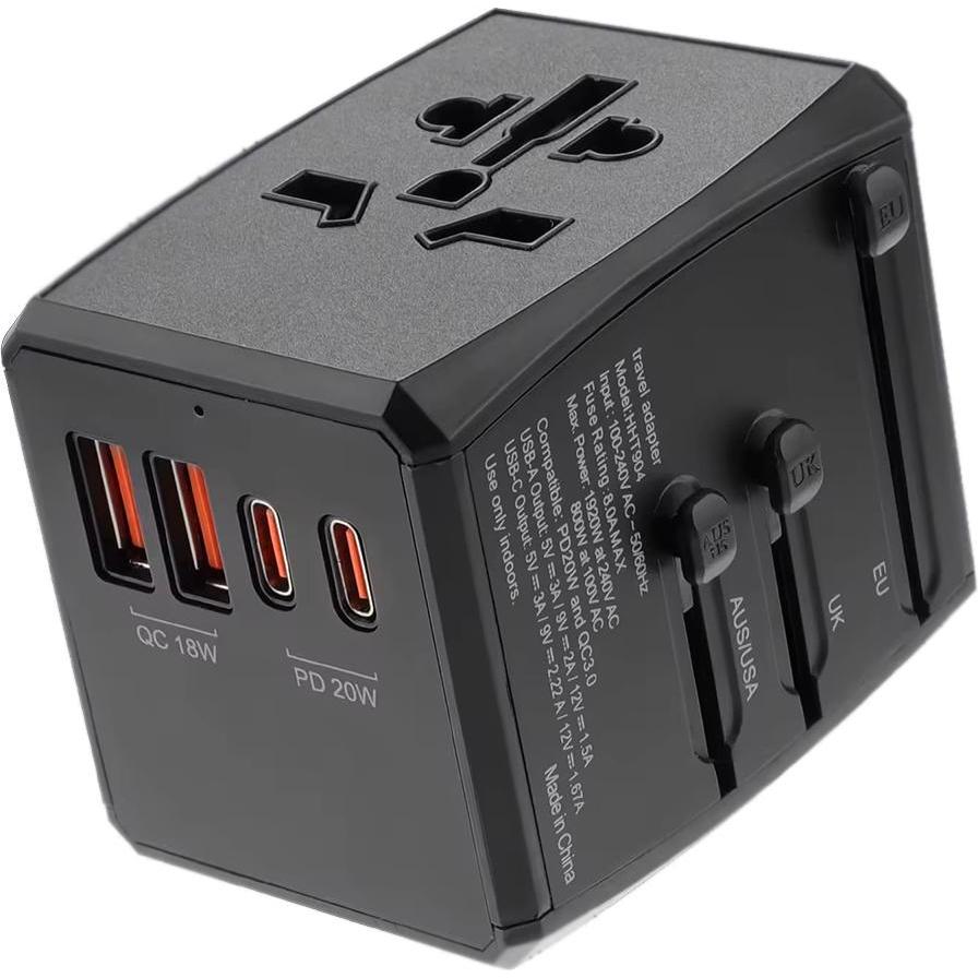 Techsuit, Adattatore da viaggio, - Travel Adapter (HHT904) - PD20W, 2 x USB, 2 xType-C, EU, UK, AUS, US - Black