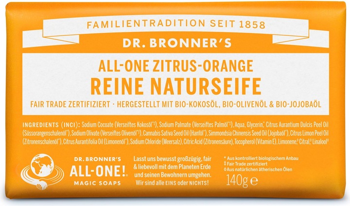 Dr. Bronner's All-One Naturseife Zitrus-Orange 140g (Hartseife)
