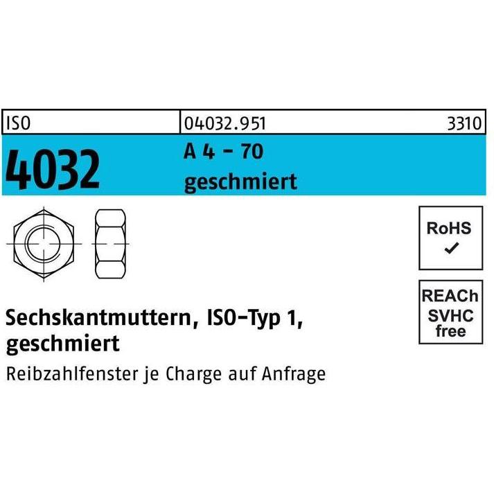 Bufab, Muttern + Unterlegscheiben, Sechskantmutter ISO 4032 M 20 A 4 - 70 geschmiert (M20)