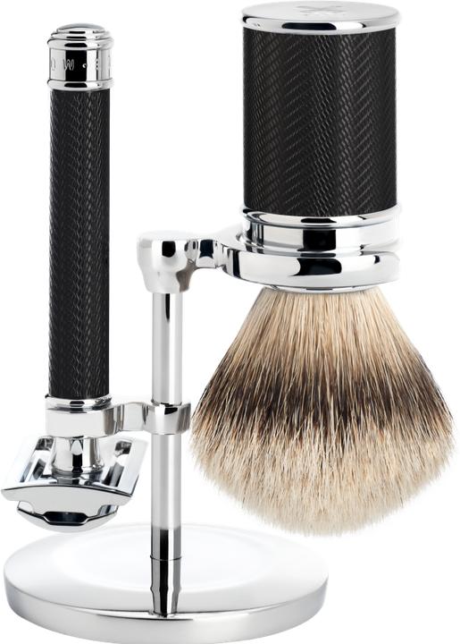 Actual product image Mühle Shaving set, 3-piece, shaving brush with silver-tip badger point, HANDCRAFT, safety razor (closed