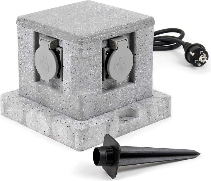 Actual product image Wiltec Garden Socket Fourfold Granite-look, IP44, Outdoor Socket with 1.5m Cable and Earth Peg