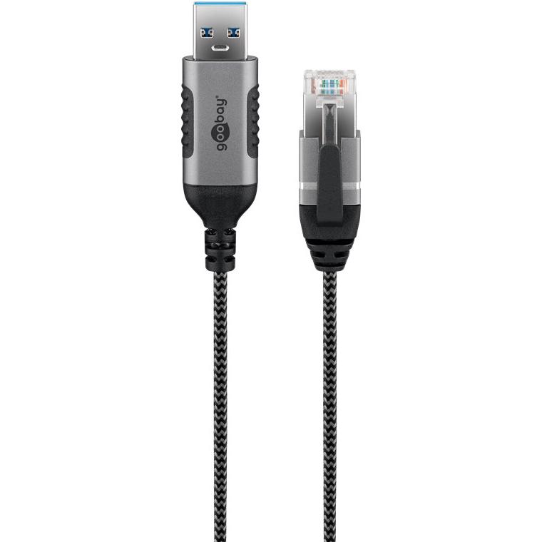 Thumbnail - Goobay Ethernet-Kabel USB-A 3.0 auf RJ45, Slim, 1 m (USB 3.0, RJ45 (1x)), Netzwerkadapter, Schwarz, Silber