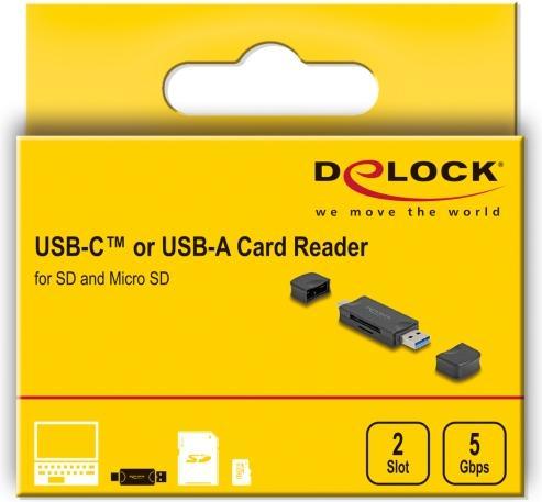 Image du produit Delock Card Reader USB 5 Gbps USB Type-C / Typ-A fÃ¼r SD und Micro SD Speicherkarten schwarz (USB-C)