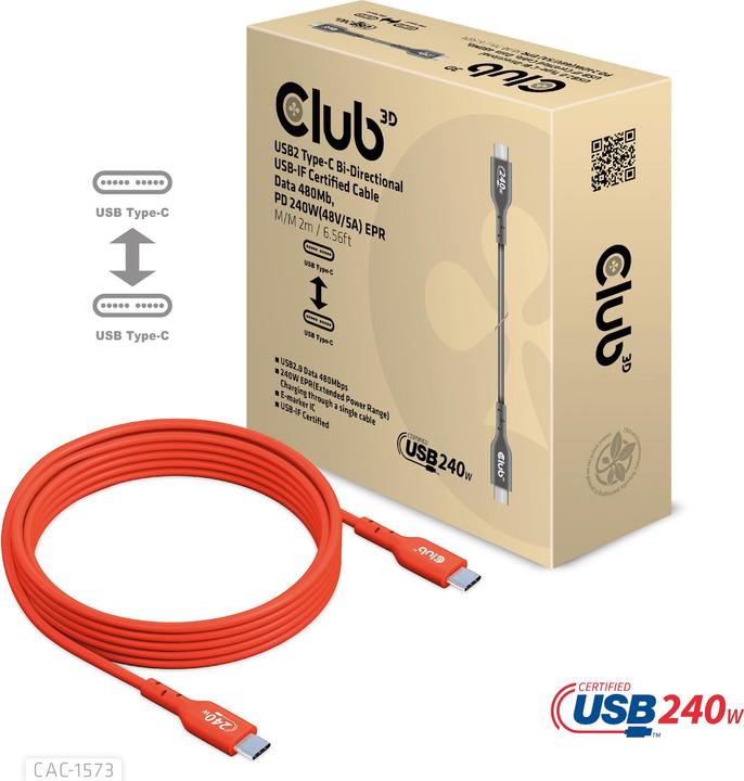 Produktbild Club 3D Club3D Kabel USB 2 Typ C PD / St/St (2 m, USB 2.0, 240 W)