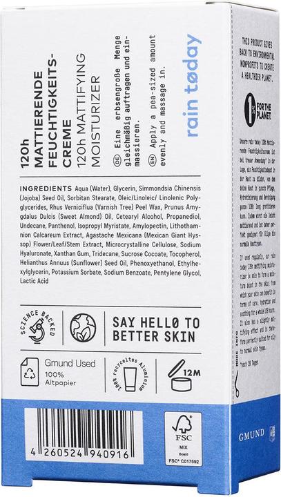 Nährwerte und Zutaten Nø Cosmetics rain tøday 120h Mattierende Feuchtigkeitscreme (50 ml, 24h Creme)
