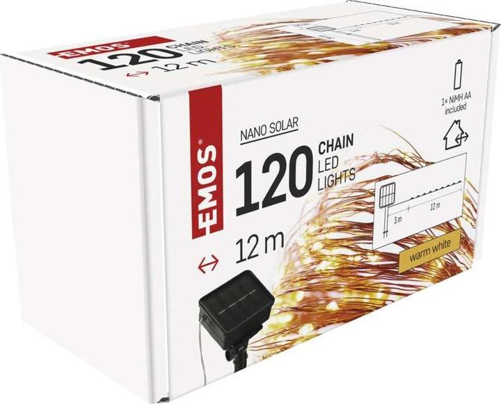 Produktbild Emos LED-Nanokette mit Solarpanel, kupferfarben, 12 m, Aussen und Innen, warm-weiss, Timer (12 m)