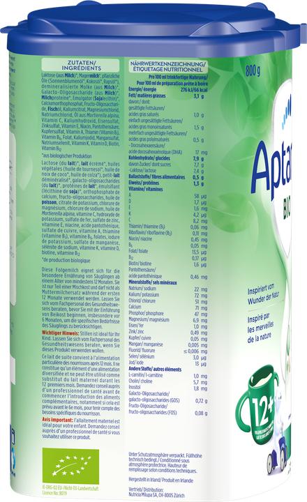 Nährwerte und Zutaten Aptamil Bio Junior 12+ (800 g, ab 12 Monaten)