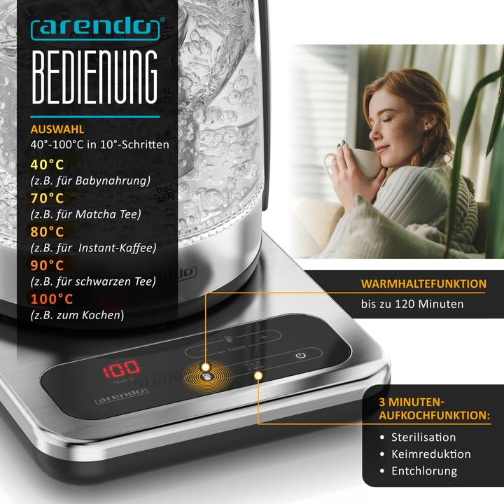 Produktbild Arendo Wasserkocher 2in1 Glas-Teebereiter & Samowar mit Temperatureinstellung 40°-100°C, 1,8 l, 2200W (1.80 l)