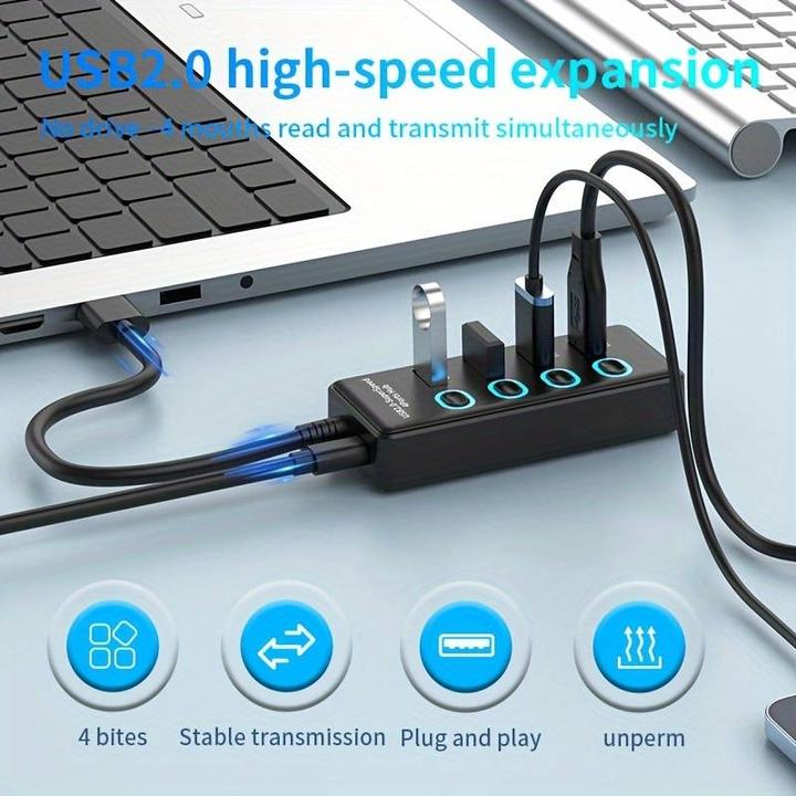 Actual product image PhoneLook Station multi-ports 4 en 1 USB 2.0 hub avec switch on & off individuel et port USB-C (USB-C, 4 ports)