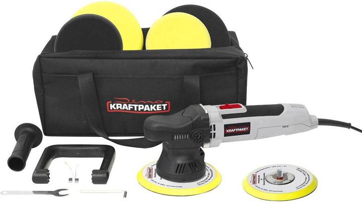 Afsluitbare tas - steunschijf 125 + 150 mm - polijstspons zacht 125 + 160mm - polijstspons medium 125 + 160mm - verwisselbare sleutel - polijstmachine - stanggreep - beugelgreep - reserve koolborstels