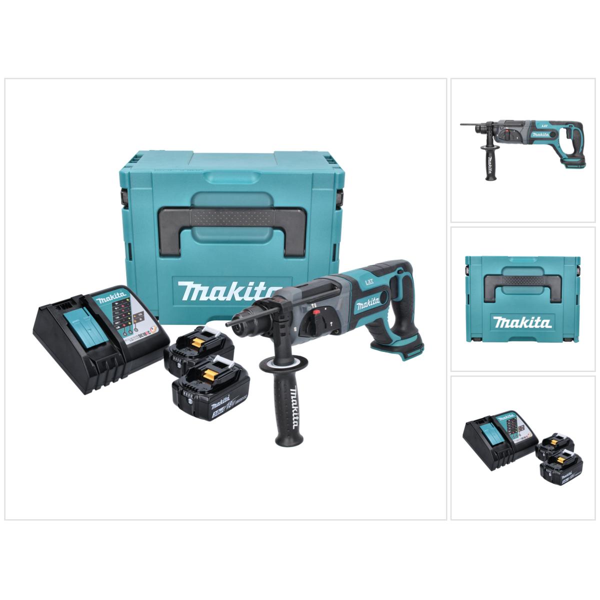 Makita, Bohrmaschine + Akkuschrauber, DHR 241 RFJ Akku Bohrhammer 18 V 2,0 J SDS plus + 2x Akku 3,0 Ah + Ladegerät + Mak...