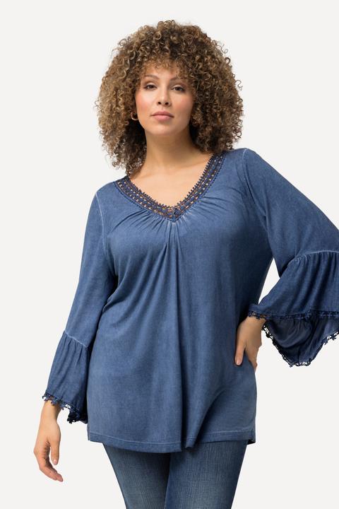 Produktbild Ulla Popken T-Shirt, cold dyed, Spitze, V-Ausschnitt, 3/4-Arm (50, 52)