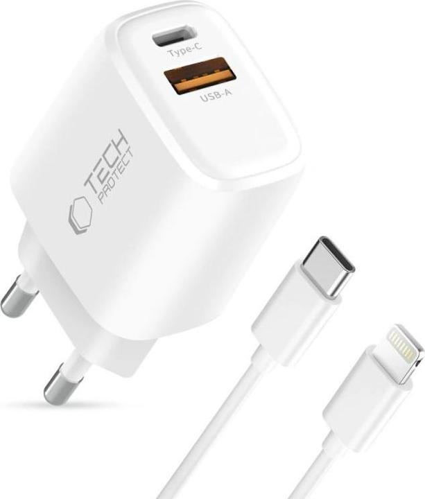 Actual product image Tech-Protect NCA45W-GAN 2-PORT NETZLADER PD 45W / QC3.0 + LIGHTNING-KABEL WEISS (45 W, 2 ports)