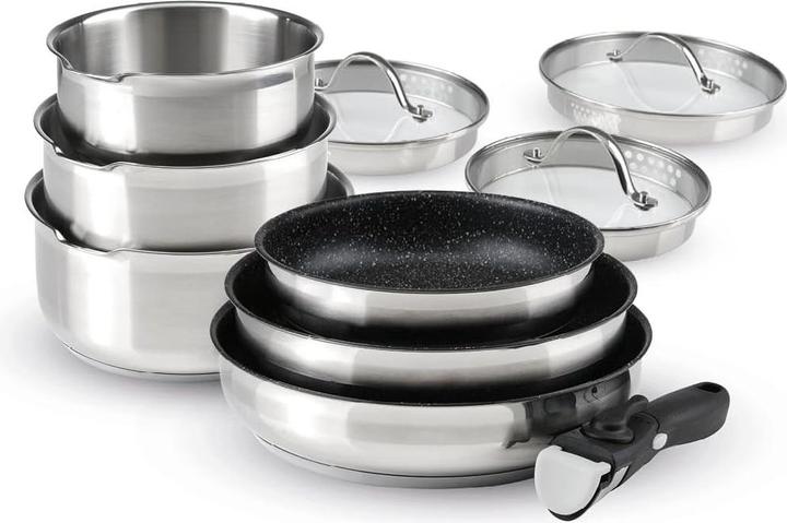 Produktbild Qdesign 10-teiliges Induktionskochgeschirr-Set mit Antihaftbeschichtung und abnehmbaren Griffen (Pfannenset + Topfset, Edelstahl)