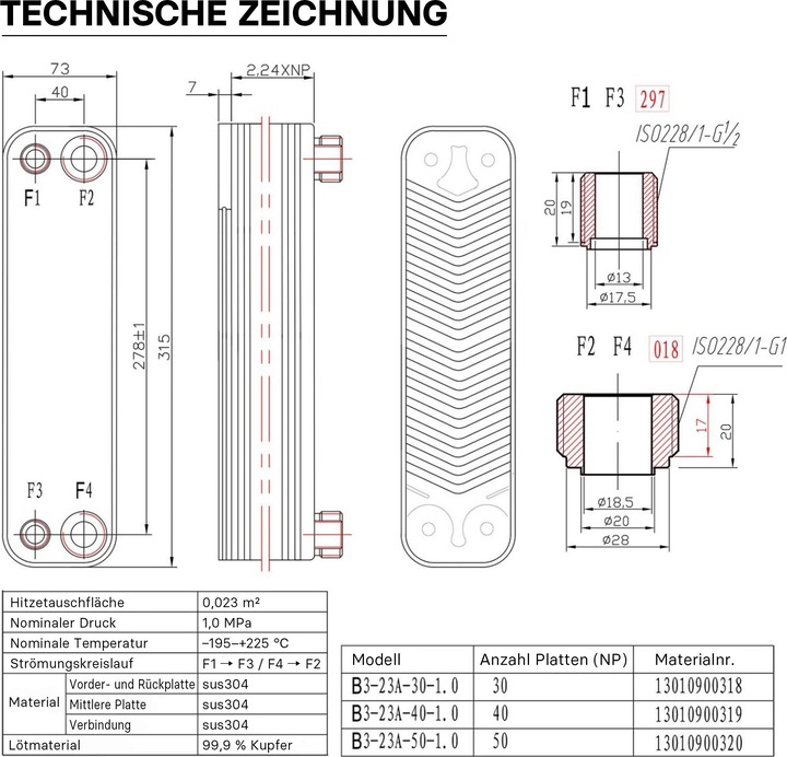 Produktbild Wiltec Edelstahl Wärmetauscher 40 Platten 165 kW Plattenwärmetauscher Wärmeüberträger