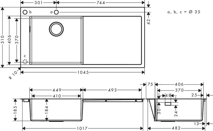 Actual product image hansgrohe HG inset sink 450 m off. right S718-F450 stainless steel (Top-mounted sink, 51 cm, 104.50 cm)