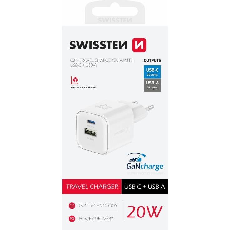 Thumbnail - Swissten Travel Charger Gan 1X USB-C 20W PD + 1X USB-A 18W QC White (15 W), USB Ladegerät, Weiss