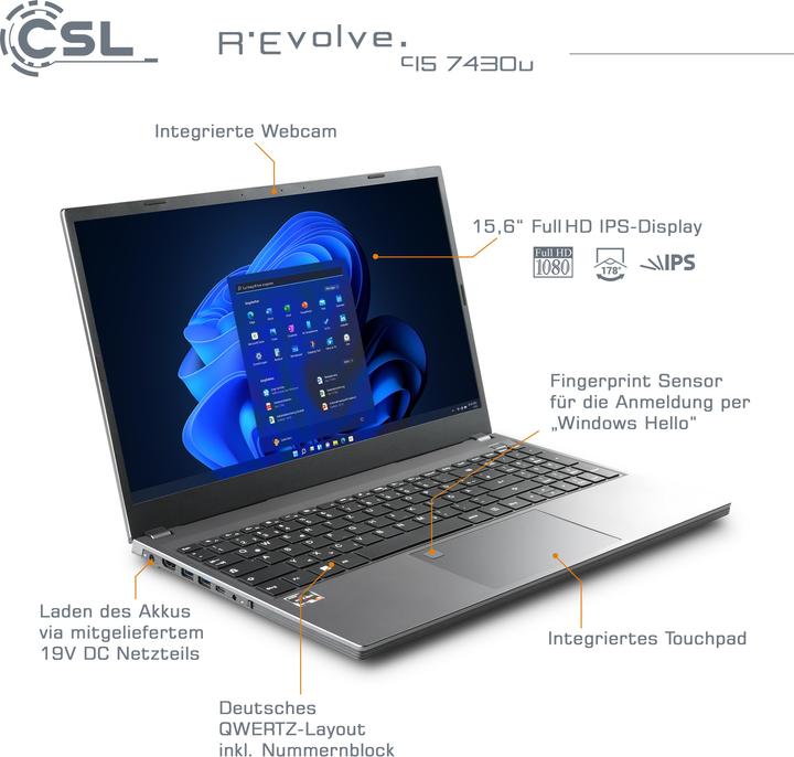 Produktbild CSL Notebook R'Evolve C15 5500U 8GB 4000GB Windows 11 Home (15.60", 4000 GB, 8 GB, DE, AMD Ryzen 5 7430U)