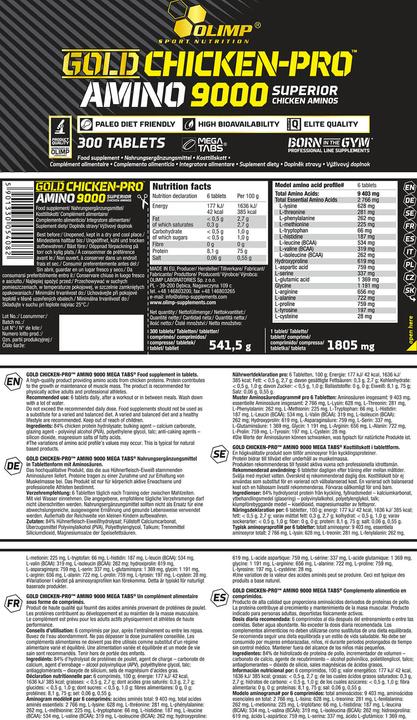 Nährwerte und Zutaten Olimp Sport Nutrition Gold Chicken-Pro Amino 9000 (300 Mega Tabs) (300 Stück, Tabletten)
