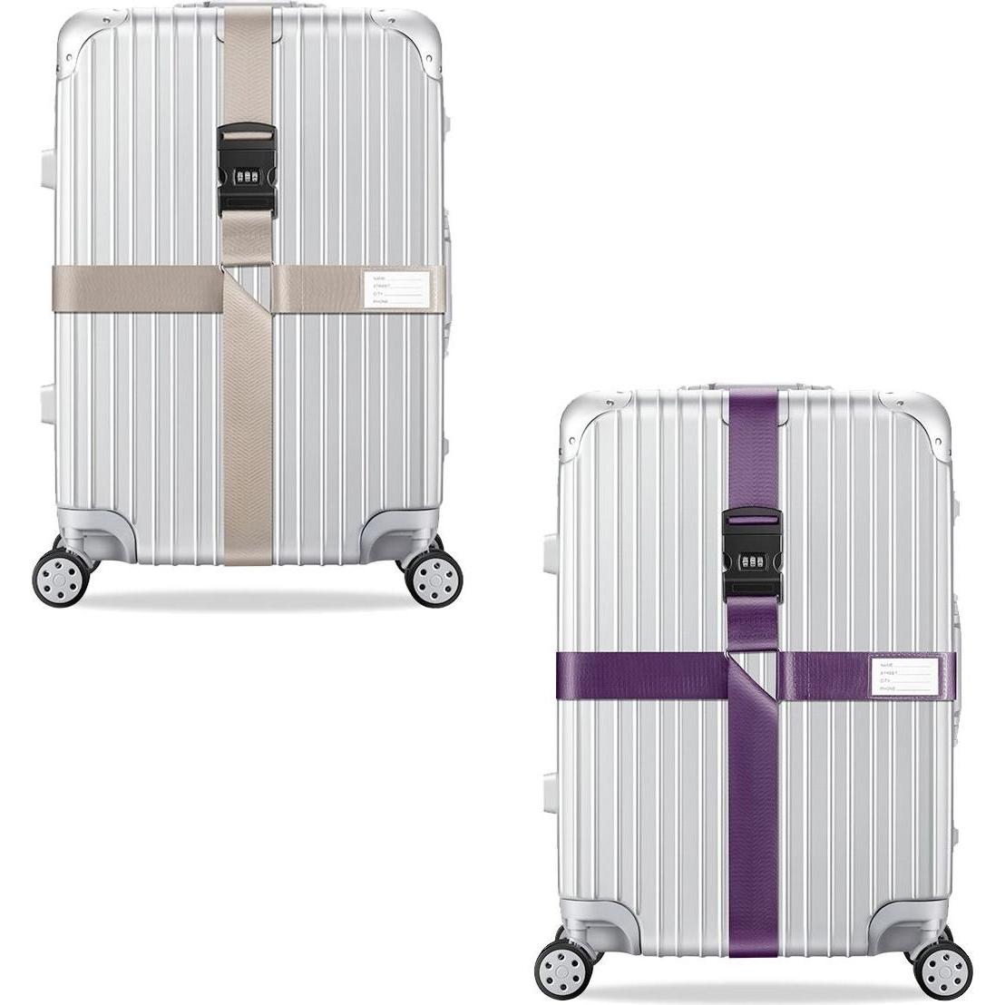 König Design, Reisezubehör, 2x Kreuz Kofferband Koffergurt Gepäckband Kofferriemen Gepäckgurt Zahlencode Set, Beige