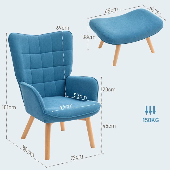 Immagine prodotto Homcom Ohrensessel mit Hocker Kord Blau