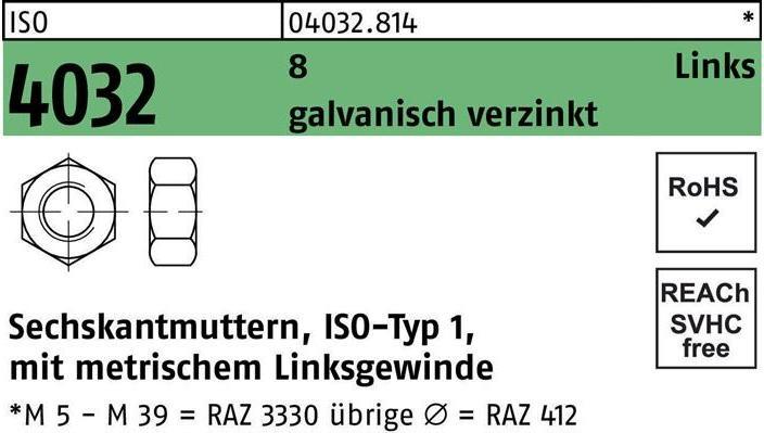 Produktbild Bufab Sechskantmutter ISO 4032 links M 8 8 galvanisch verzinkt (M8)