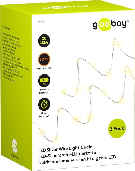 Actual product image Goobay 2x 20 LED silver wire light chain, incl. timer Atmospheric luminous decoration for indoor use. (1.05 m)