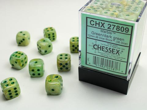 Chessex Marble 12mm d6 Green/dark green Dice Block (36 dice)