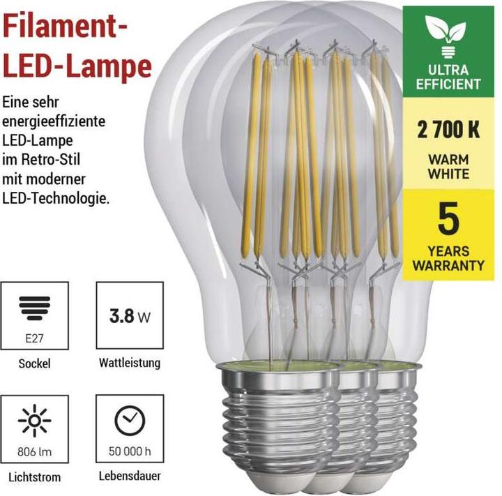 Actual product image Emos LED????rovka A60/E27/3,/60W/806lm/tepl?? b??l??,3ks (E27, 3.80 W, 806 lm, 3 x, A)