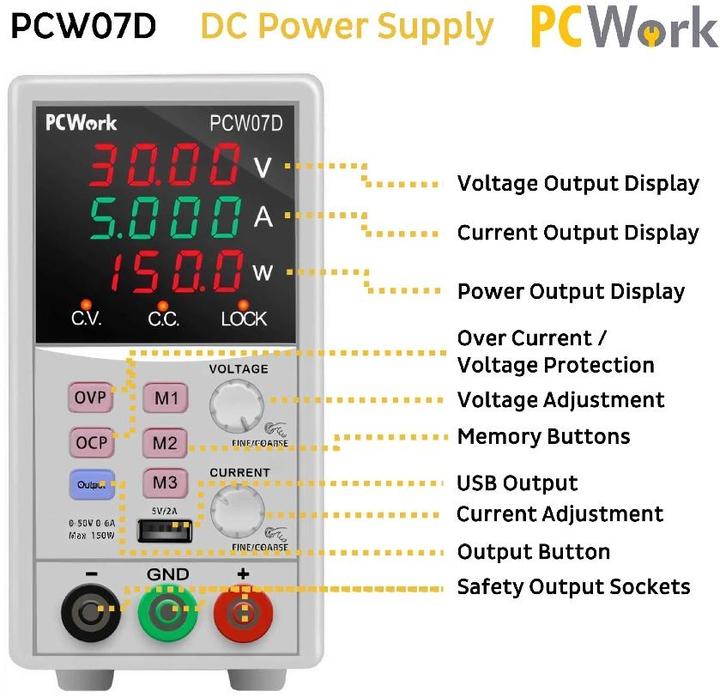 Produktbild PCWork PCW07D, Labornetzgerät, regelbar, 0-50V DC, 6A, USB, Memory Funktion