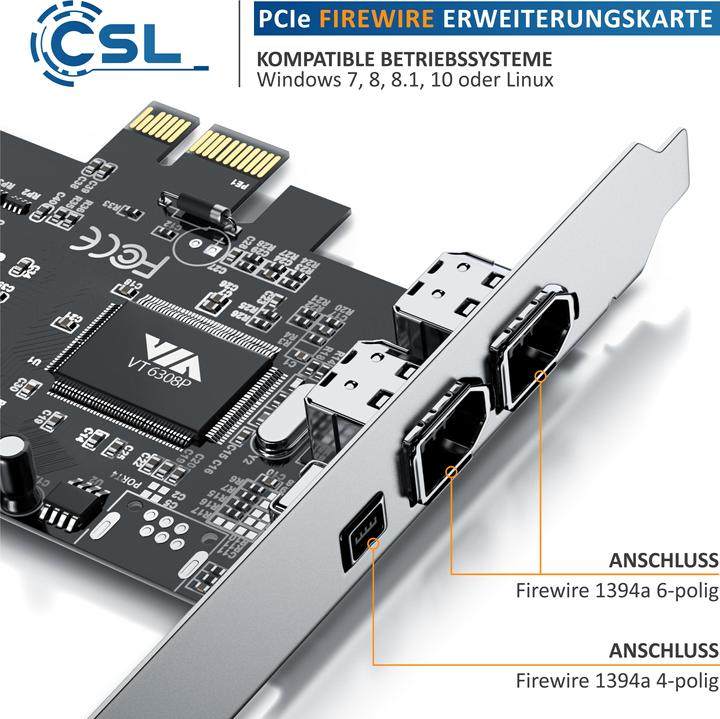 Produktbild CSL PCI Firewire Karte, Erweiterungskarte, Netzwerk-Adapter, 1394a 1394b Controller Karte, 3x Anschlüsse