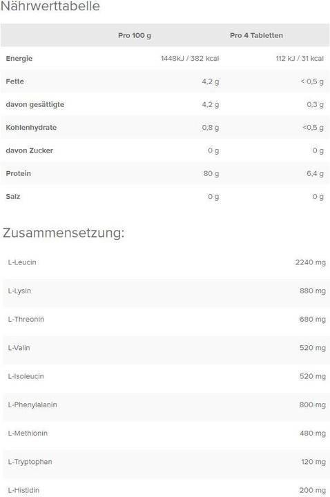 Nutritional values and ingredients IronMaxx 100% EAAs Ultra Strong (90 Tabs) (90 Piece, Pills)