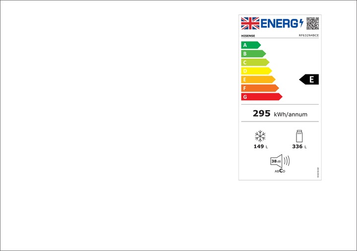 Energy Label Hisense RF632N4BCE Side-by-side Refrigerator Free Installation 485 L E Stainless Steel (485 l)