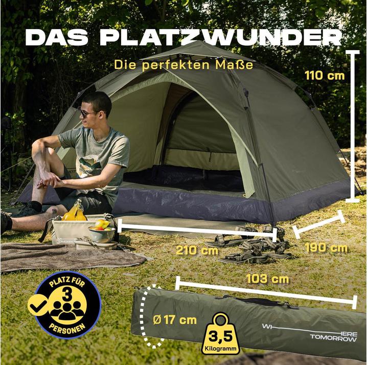 Produktbild Where Tomorrow Pop-Up-Zelt Drei Personen - Grün, Anzahl Personen: 3 (Wurfzelt, 3.50 kg, 3 Personen)