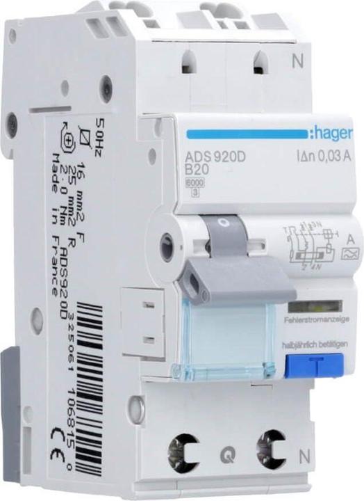 Actual product image Hager Ground fault circuit interrupter 1P+N 6kA B-20A 30mA ADS920D