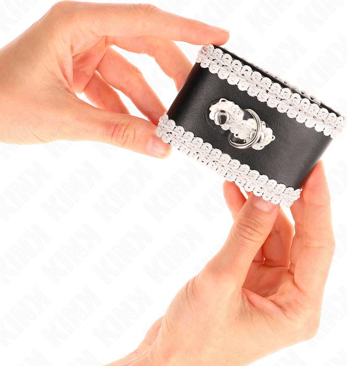 Actual product image Kink Black Wrist Cuffs With White Decorated Lace, Adjustable 20-23 cm X 5.5 cm