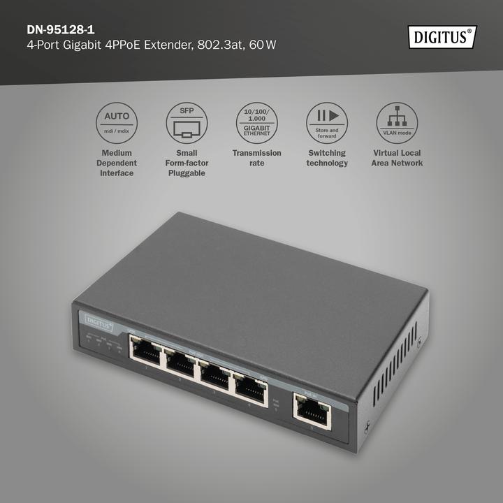 Produktbild Digitus 4-Port Gigabit 4PPoE Extender, 802.3at, 60 W (5 Ports)