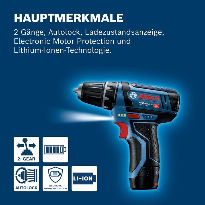Produktbild Bosch Professional GSR 12V-15, mit 1 x 2.0 Ah, 1 x 4.0 Ah, Zubehör-Set in Tasche