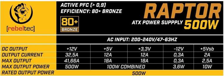Produktbild Rebeltec ATX Netzteil RAPTOR 500W BRONZE 80+ Single Rail DC-DC (500 W)