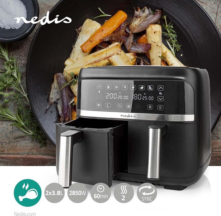 Actual product image Nedis Hot Air Fryer | 2x3.8 l | Timer: 60 min | Digital | Black