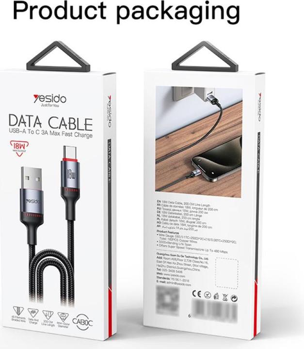 Actual product image Yesido USB-C to USB-C Cable CA183, 60W, 3A, 2m, Black (2 m, 60 W)