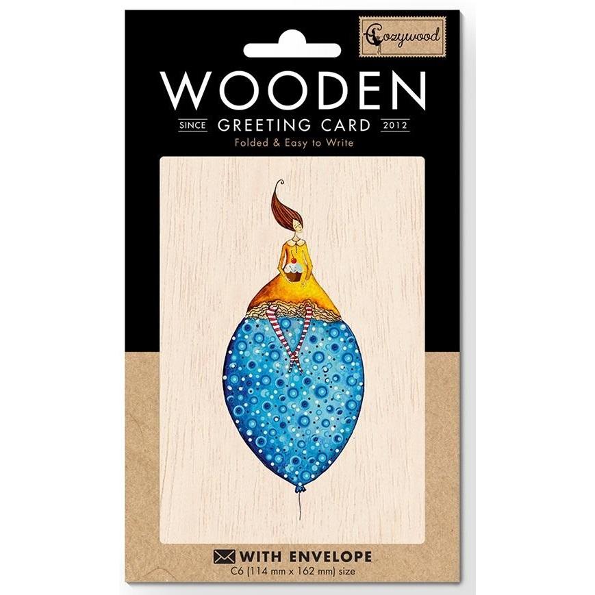 Cozywood, Biglietto di auguri + Carta da lettere, Holzkarte C6 + Umschlag Frau auf einem Ballon