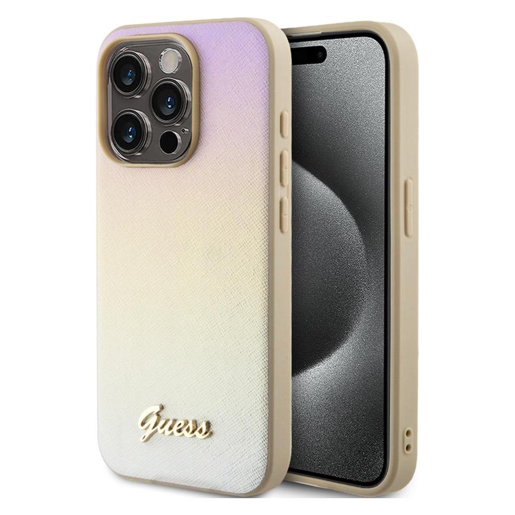 Guess GUHCP15LPSAIRSD IPhone 15 Pro 6.1" Złoty/gold Hardcase Saffiano Iridescent Script (Apple IPhone 15 Pro), Smartphone Hülle, Gold