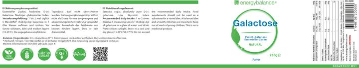 Valeurs nutritives et ingrédients Energybalance Galactose hochreines Pulver (1 pcs, Poudre, 250 g)