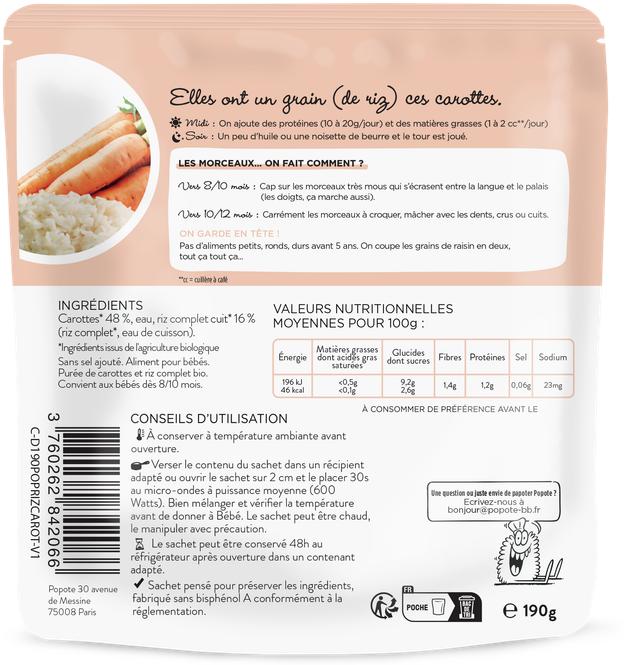 Valeurs nutritives et ingrédients Popote Die kleinen Stückchen - Karotten und Vollkornreis BIO (190 g)