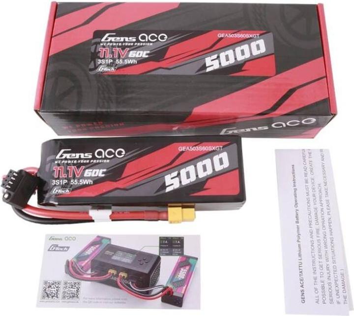 Immagine prodotto Gens Ace G-Tech 5000mAh 11.1V 60C 3S1P Lipo di dimensioni ridotte con spina XT60 (11.10 V, 5000 mAh)