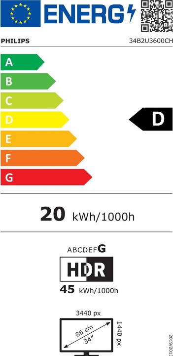 Label énergétique Philips Monitor 34B2U3600CH/00, Bildschirmdiagonale: 34 " (3440 x 1440 pixels, 34")
