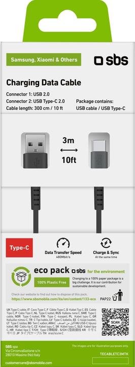 Energie-Label SBS Daten- und Ladekabel Type C Länge 3 Meter (3 m, USB 2.0)