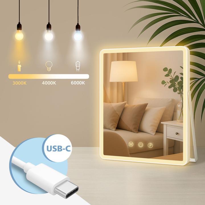 Produktbild CLP Schminkspiegel Caistor LED 3 Lichtfarben USB-C Standspiegel transportabel (25 x 30 cm)
