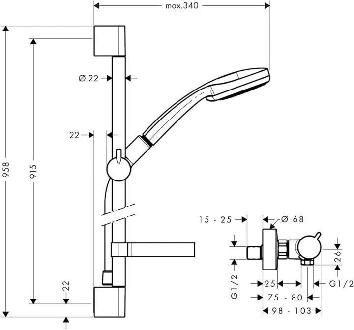 Actual product image hansgrohe Brausenkombi Croma 100 Ecostat 1001 SL u. Brausestange Unica 27085000